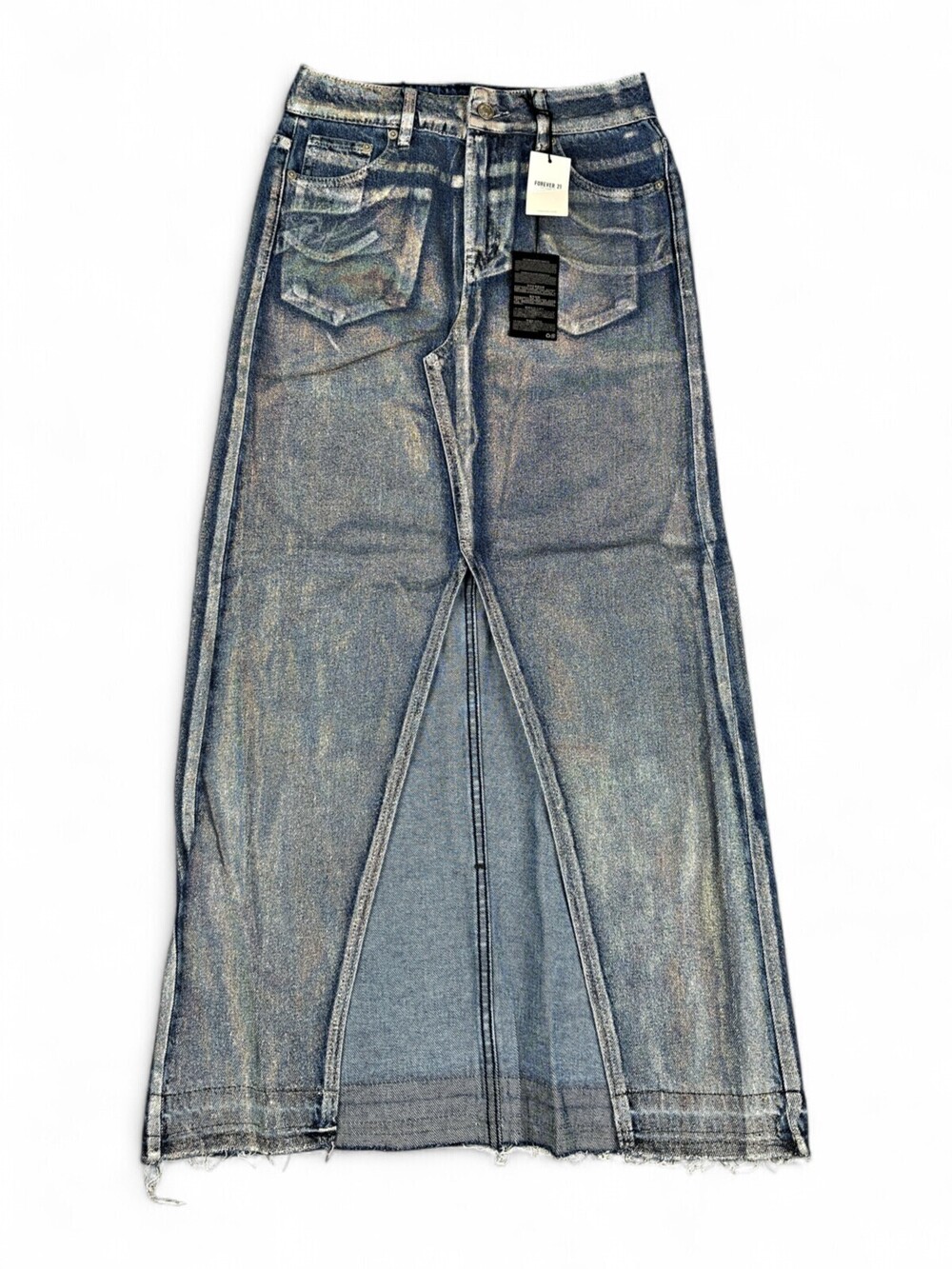 Forever 21 Metallic High-Low Denim Maxi Skirt Blue Iridescent Silver S NWT